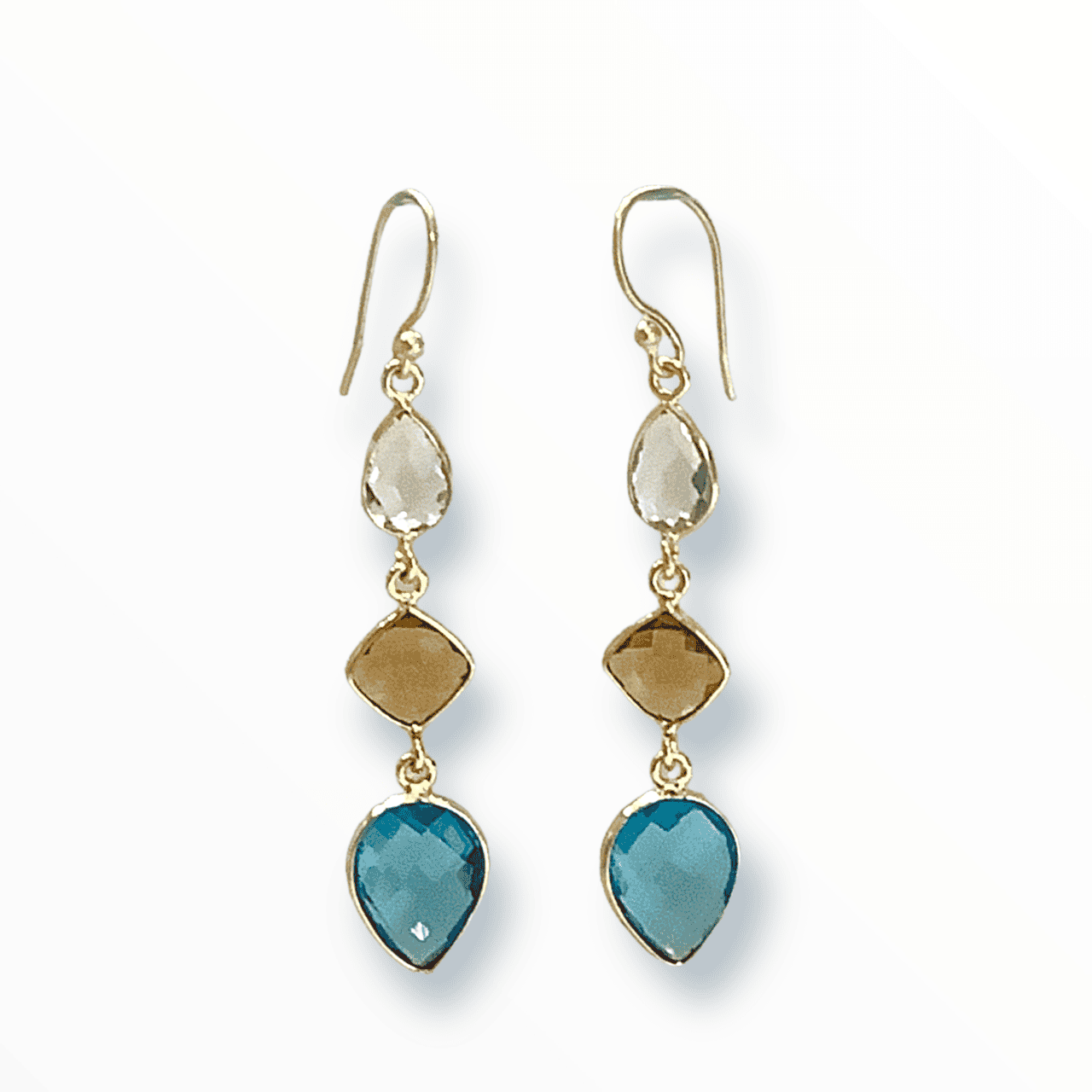 Rock Crystal, Citrine and Blue Quartz ADMK Earrings - artisan jewelry