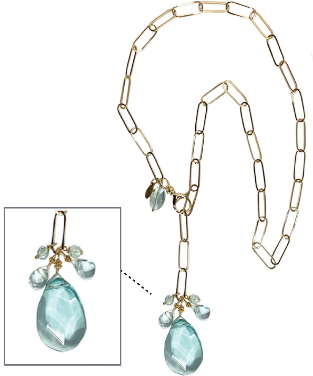 Aqua Quartz with Unique Front Lobster Clasp Adjustable Necklace, elegant handmade jewelry, artisan design, gemstone statement piece.