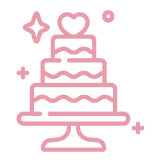 Pink illustrated wedding cake with heart detail and sparkles.