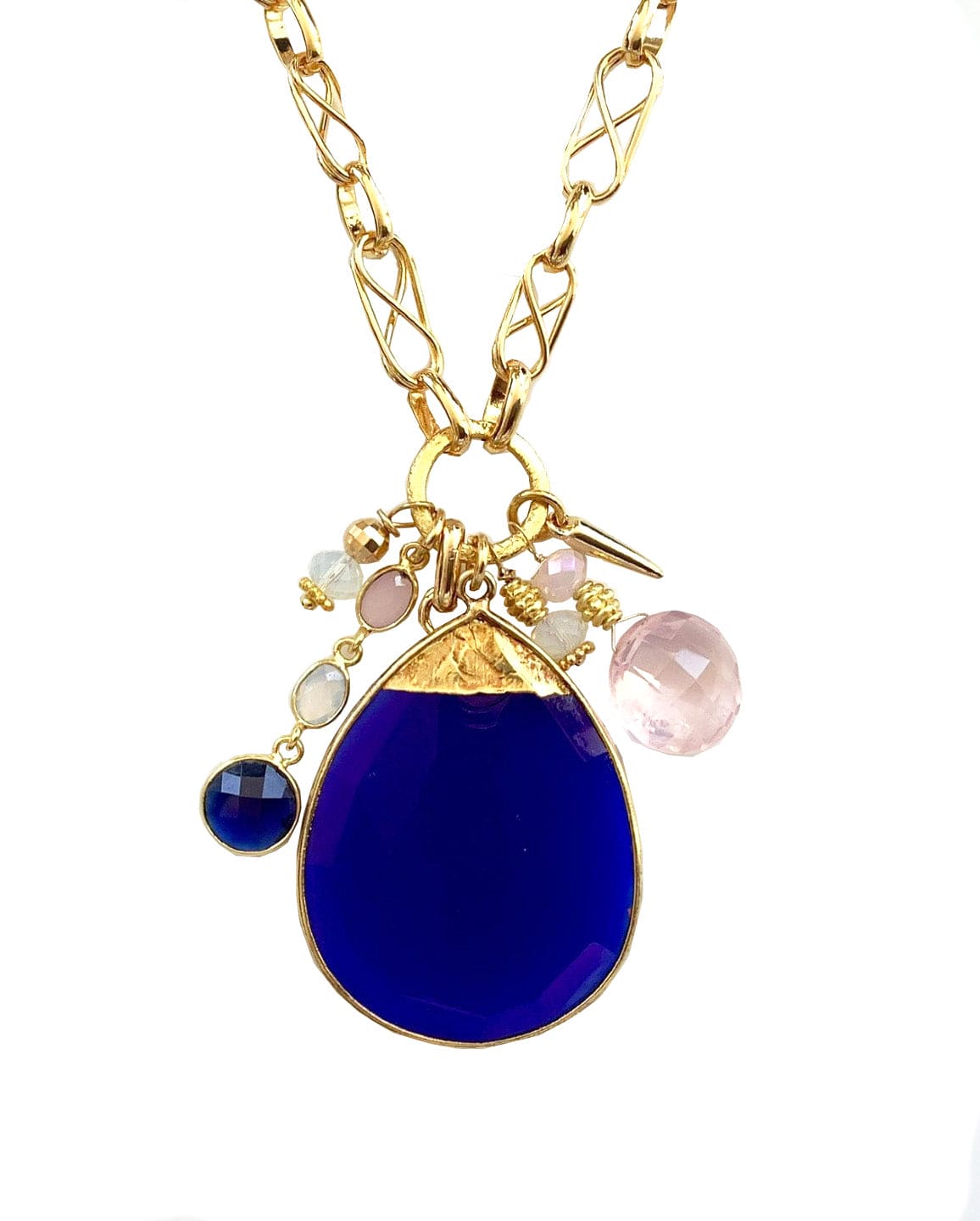 Blue Quartz Cluster ADMK Necklace with gold and gemstone charms