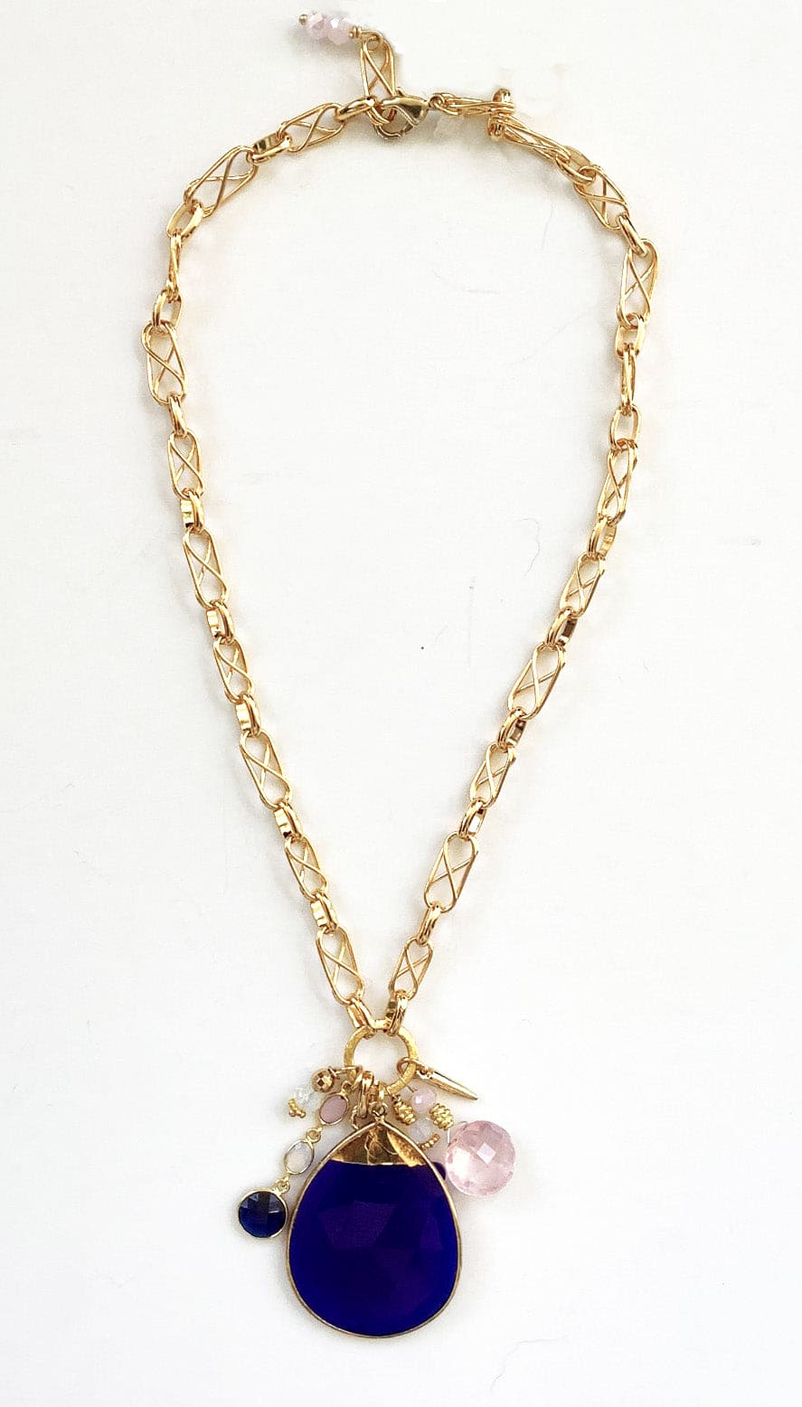 Blue Quartz Cluster ADMK Necklace with gold chain and gemstones