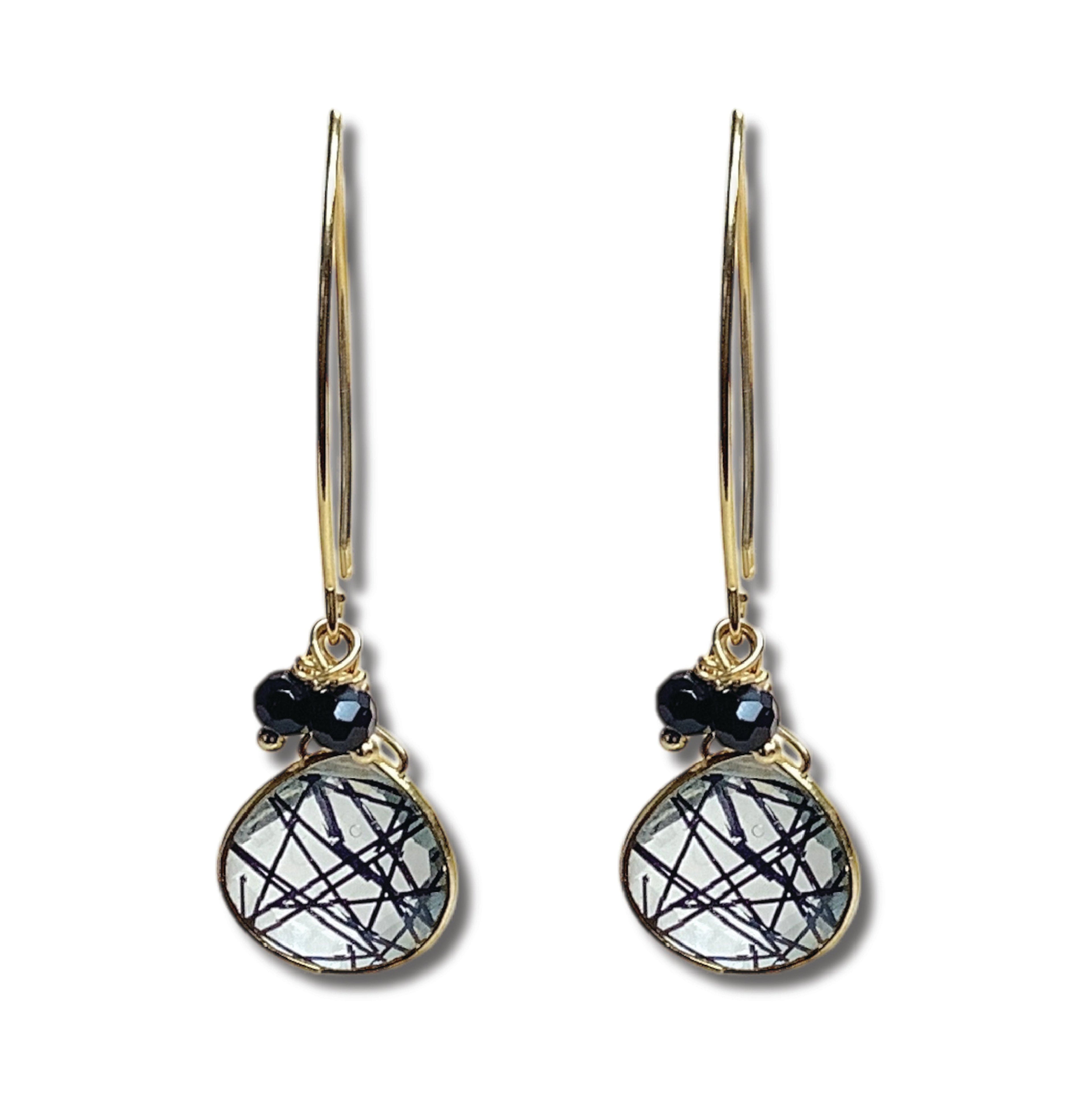 Black Rutilated Quartz Hook Earrings - artisan jewelry online