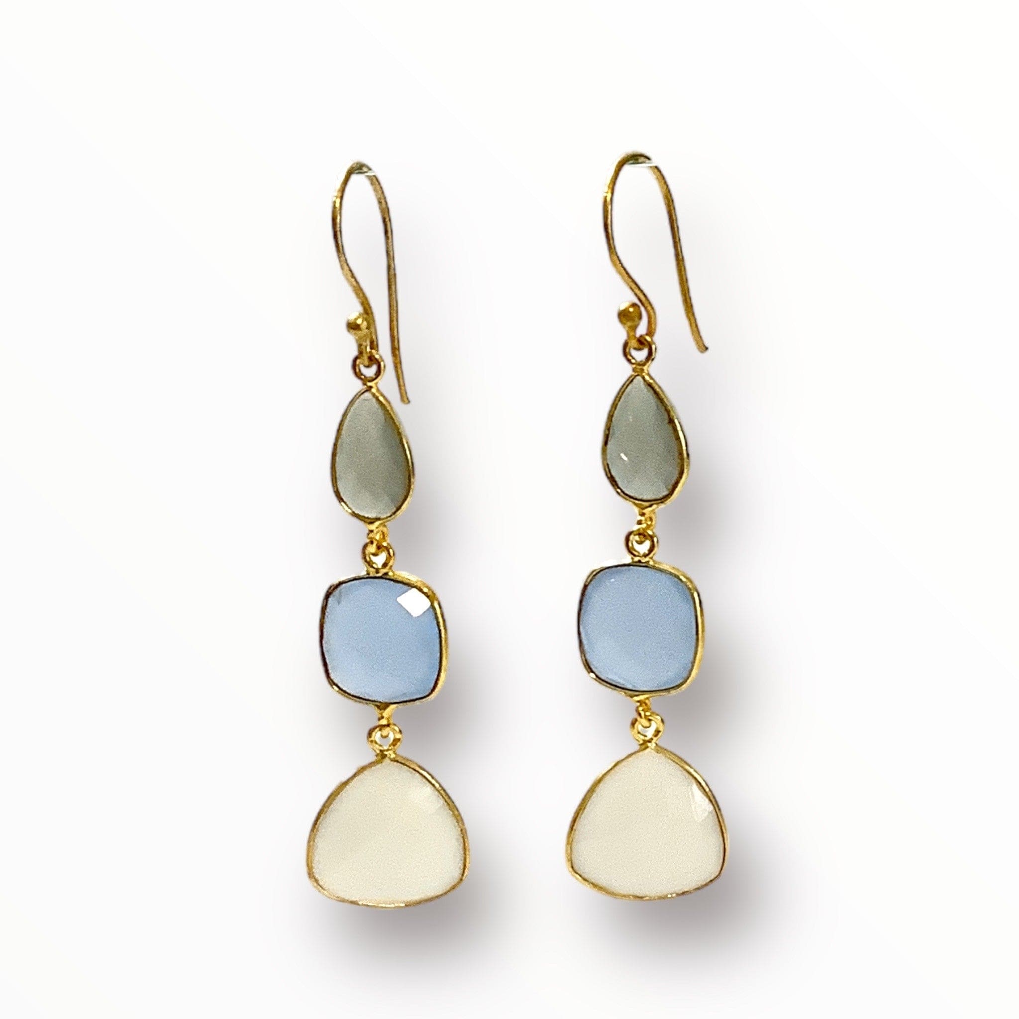 The Patty White Agate, Blue Chalcedony and Smokey Quartz ADMK Earrings in gold