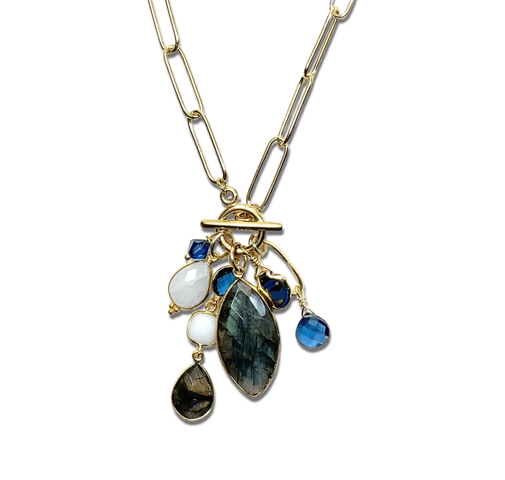 Labradorite, Moonstone, White Agate and Montana Blue Quartz Cluster Necklace in elegant design.