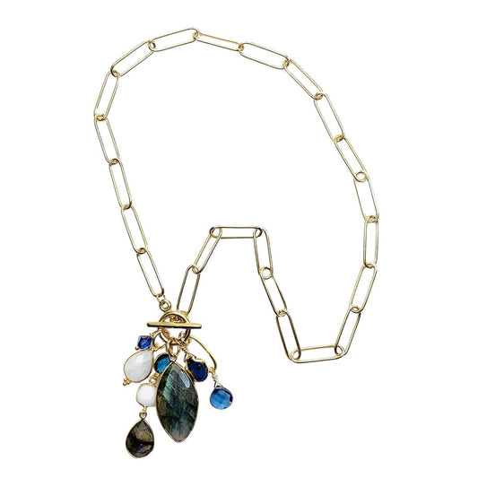 Labradorite, Moonstone, White Agate and Montana Blue Quartz Cluster Necklace