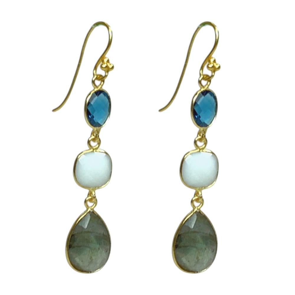Labradorite, Moonstone, and Iolite Blue Three Tier Earrings - luxury handcrafted jewelry, statement jewelry