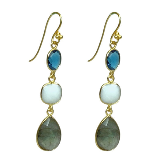 Labradorite, Moonstone, and Iolite Blue Three Tier Earrings