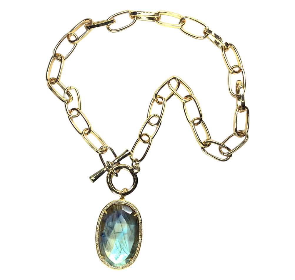 Labradorite and CZ Paved Pendant on Front Clasp Chain Necklace