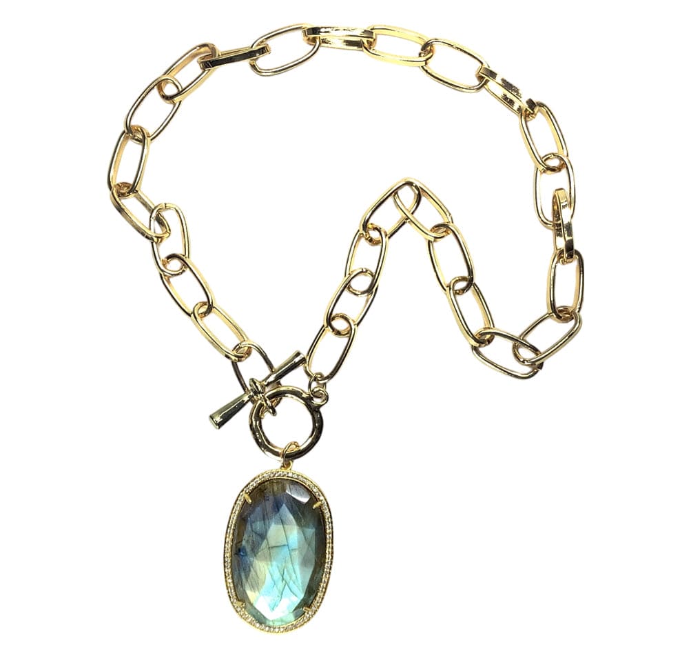 Labradorite and CZ Paved Pendant on Front Clasp Chain Necklace - artisan jewelry, luxury handcrafted jewelry