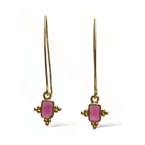 Magenta Quartz and Gold Bezeled Rita ADMK Earrings, artisan jewelry