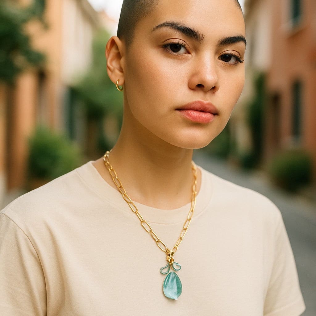 Aqua Quartz with Unique Front Lobster Clasp Adjustable Necklace on model, elegant handmade gemstone jewelry