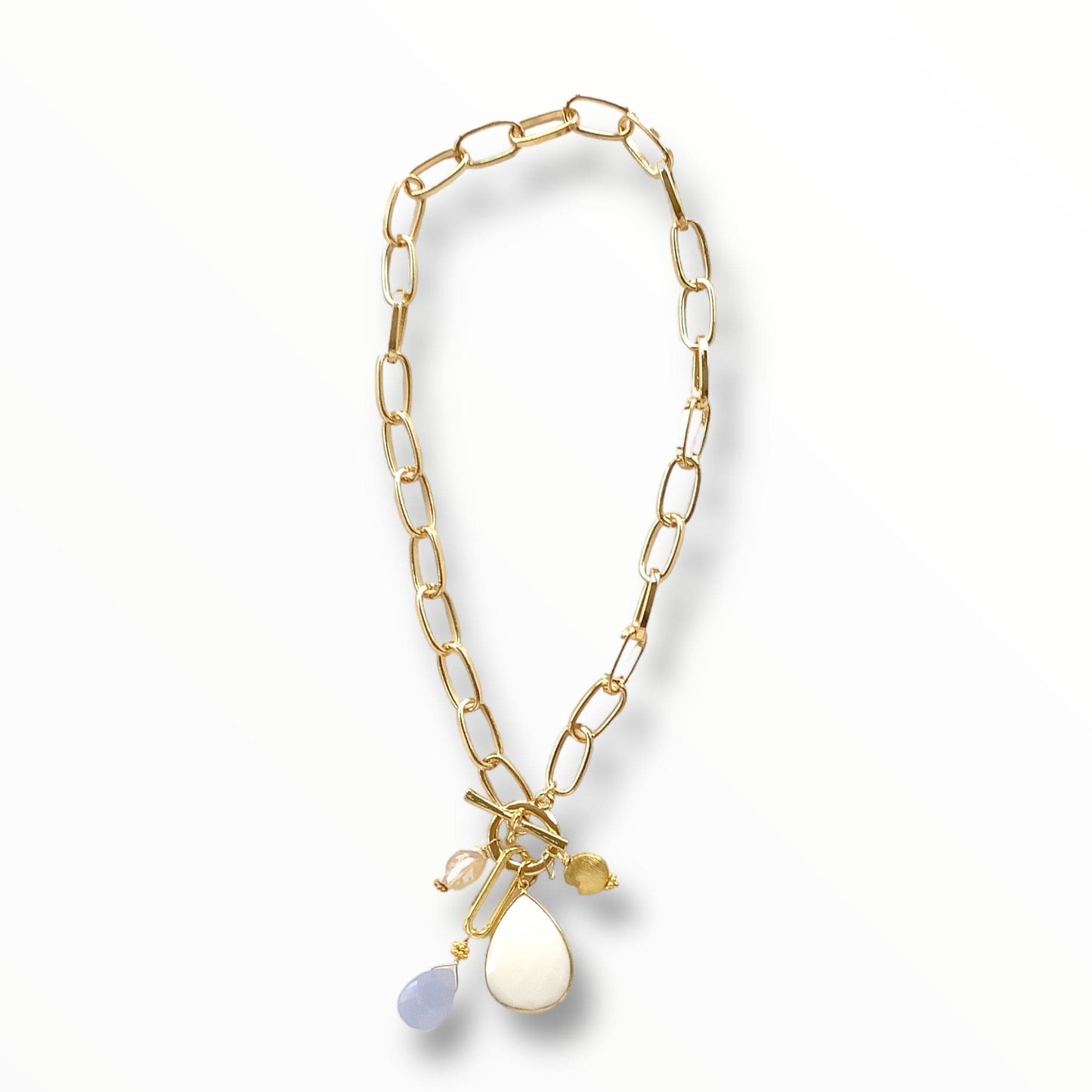 The Julie Necklace a White Agate, Blue Chalcedony and Freshwater Pearl ADMK Necklace