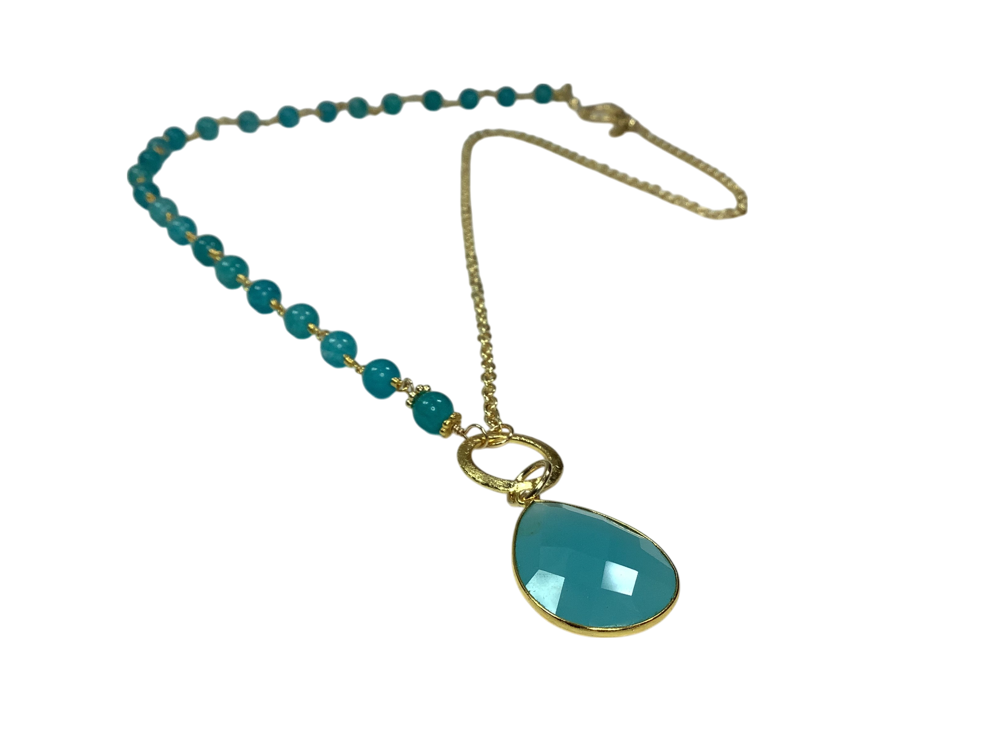 Elegant handmade gemstone necklace with blue beads and gold accents.