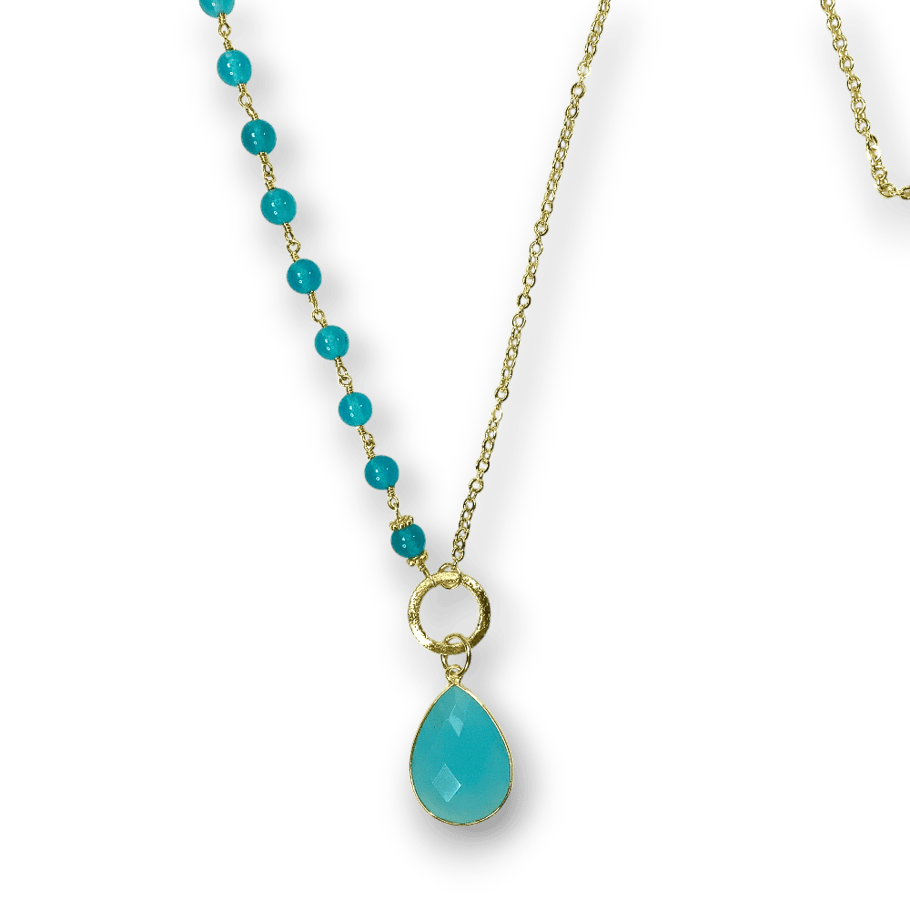 Elegant turquoise gemstone necklace with gold accents, perfect for designer jewelry shopping.