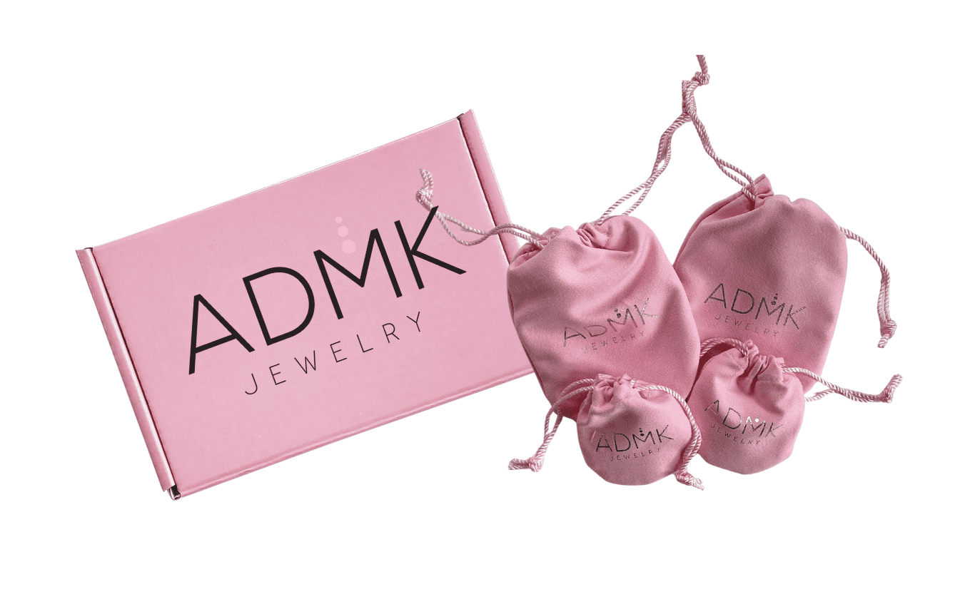 Elegant pink jewelry packaging showcasing ADMK handmade gemstone jewelry.