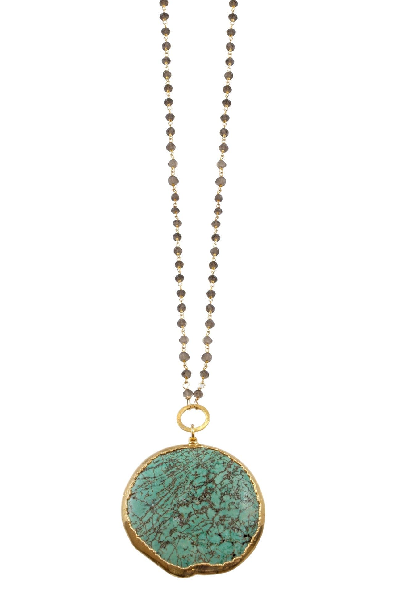 Turquoise and Smokey Quartz Long ADMK Caroline Necklace on gold chain