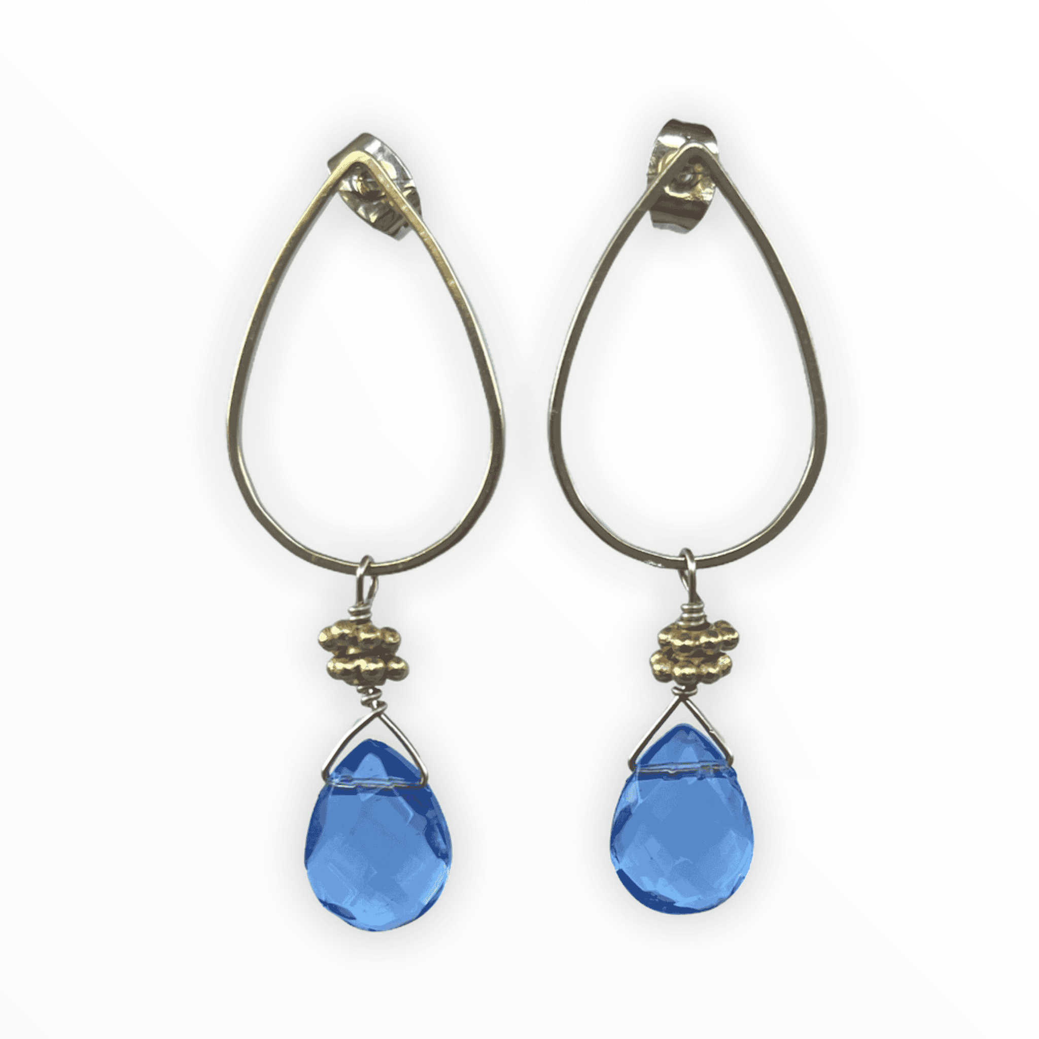 Blue Quartz and Gold Stud Teardrop ADMK Earrings - artisan jewelry