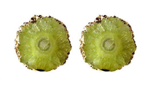 Lime Green Solar Quartz and Gold Bezeled Stud Earrings on 18kt Gold-Plated Post.   DETAILS • Diameter:  0.75"  • Stone Type:  Lime Green Solar Quartz