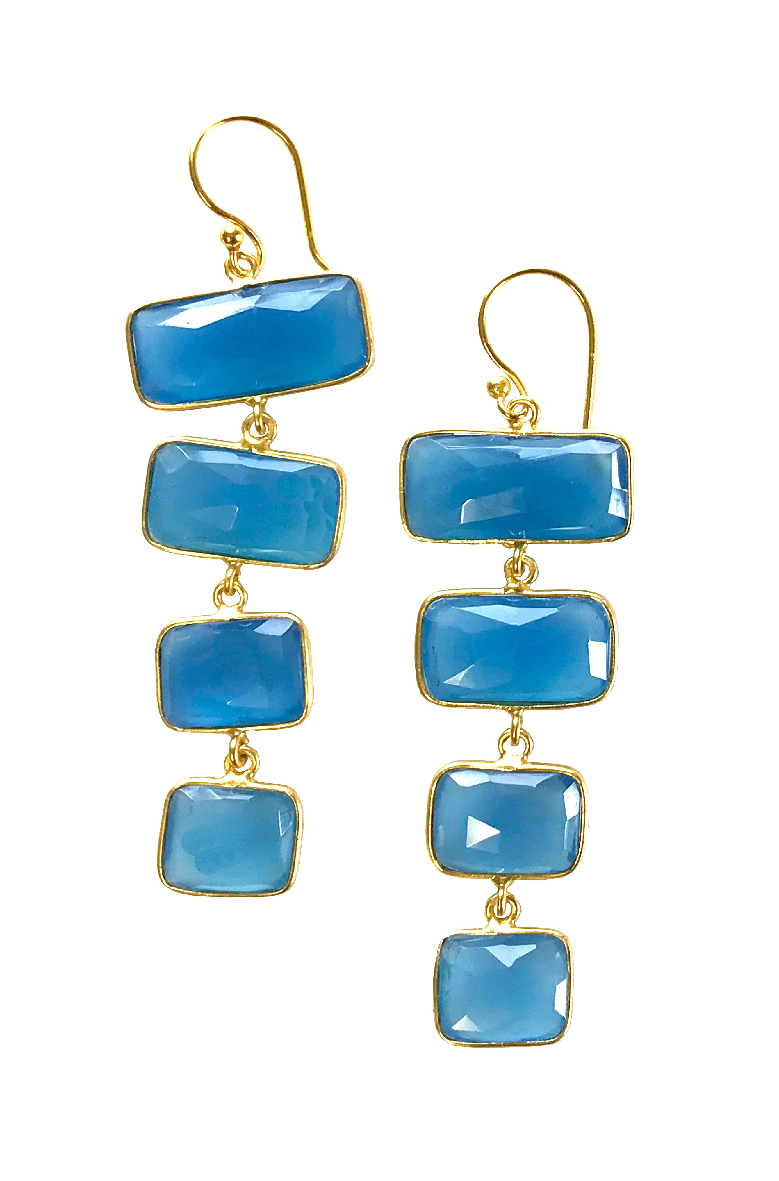 Blue Chalcedony Luxurious Golden Cascading Drop Earrings
