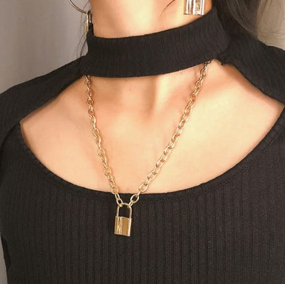Lady wearing the Gold Padlock Necklace