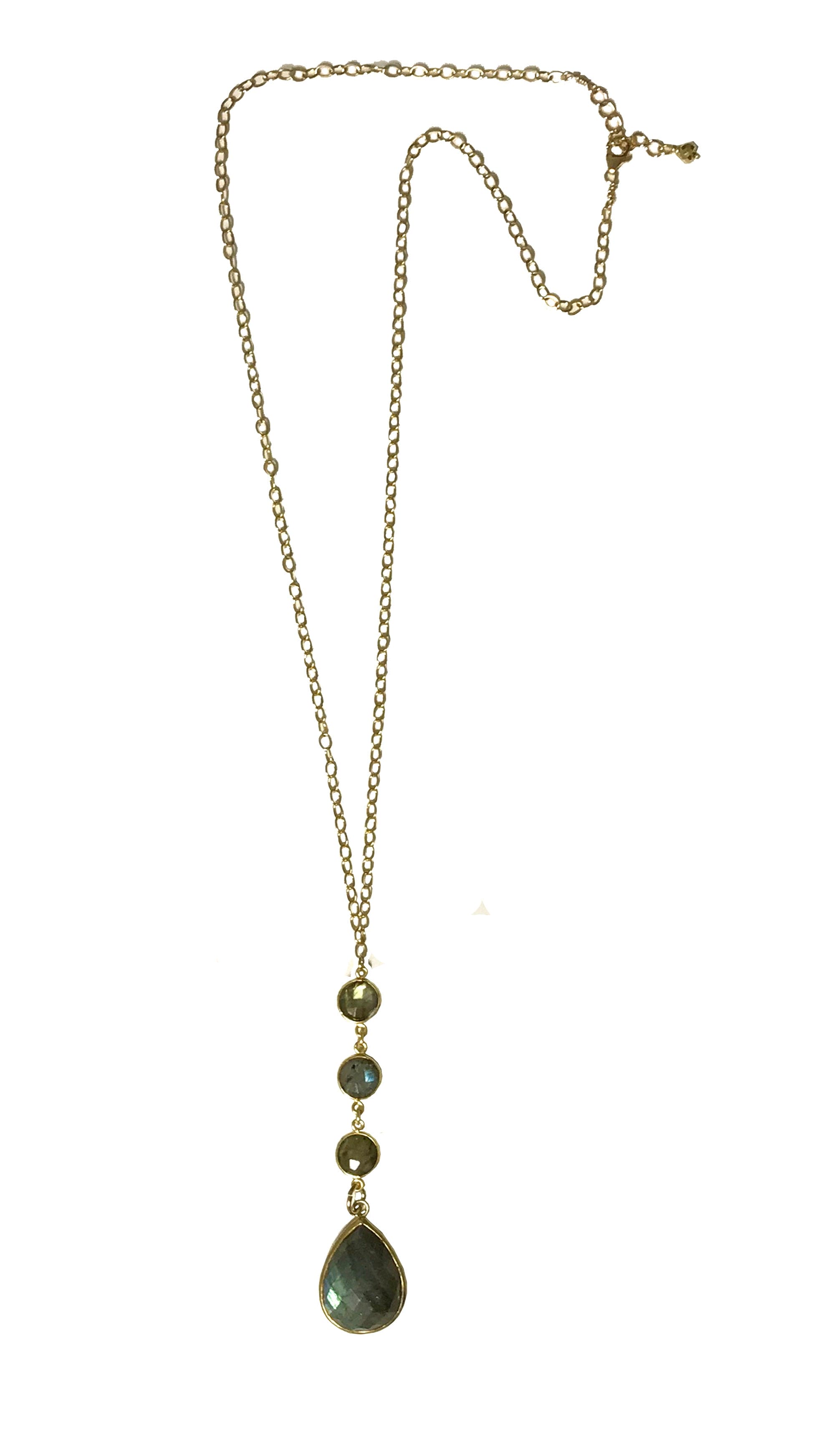 Labradorite Long ADMK Necklace, artisan jewelry piece, gold-filled chain