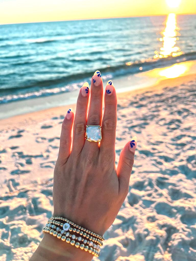 Lady wearing the freeform pearl adjustable ring