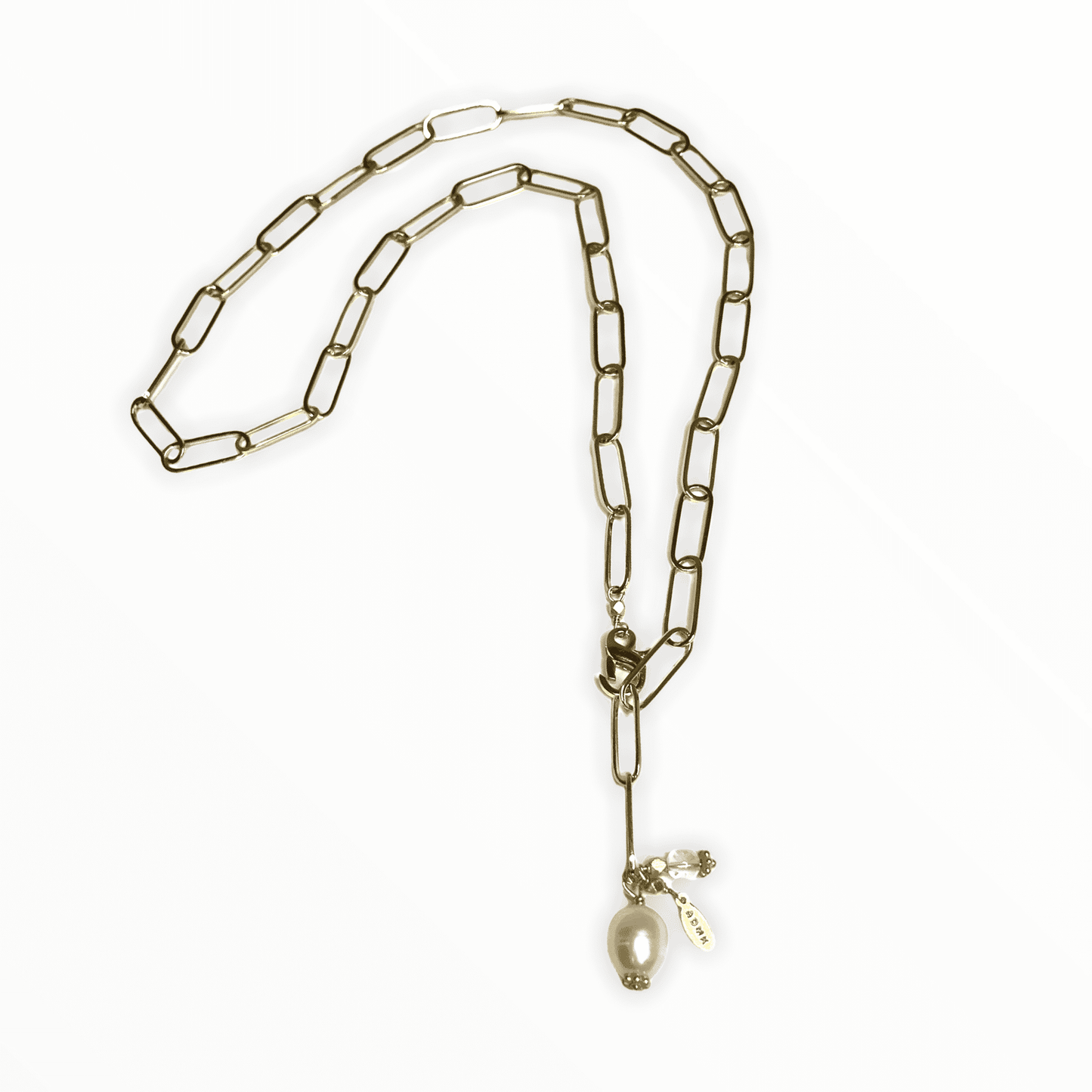 Gold Long Adjustable Paperclip ADMK Necklace with Pearl and Rock Crystal Accents | ADMK, Inc.