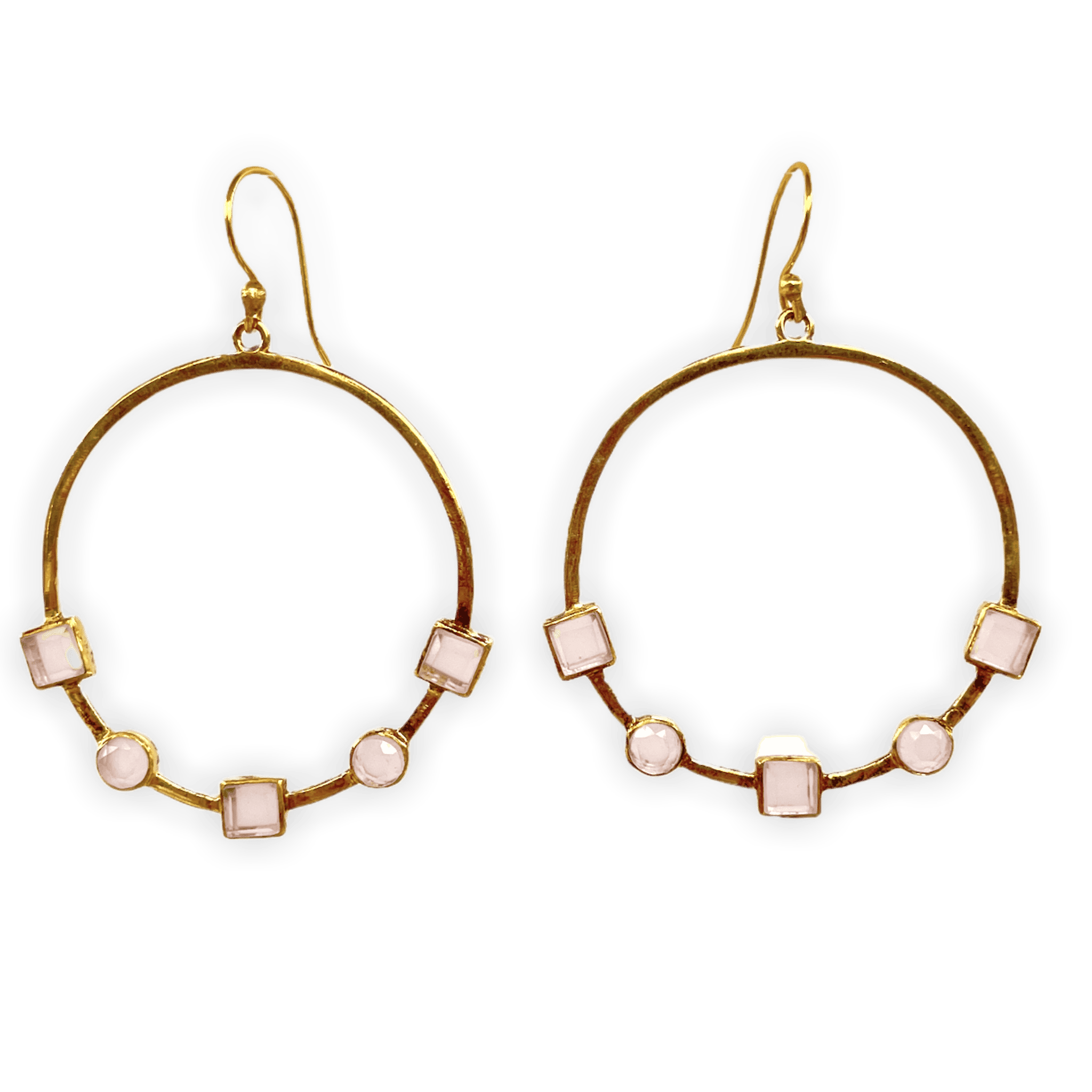 Rose Quartz and Gold Bezeled Annie ADMK Earrings, artisan jewelry