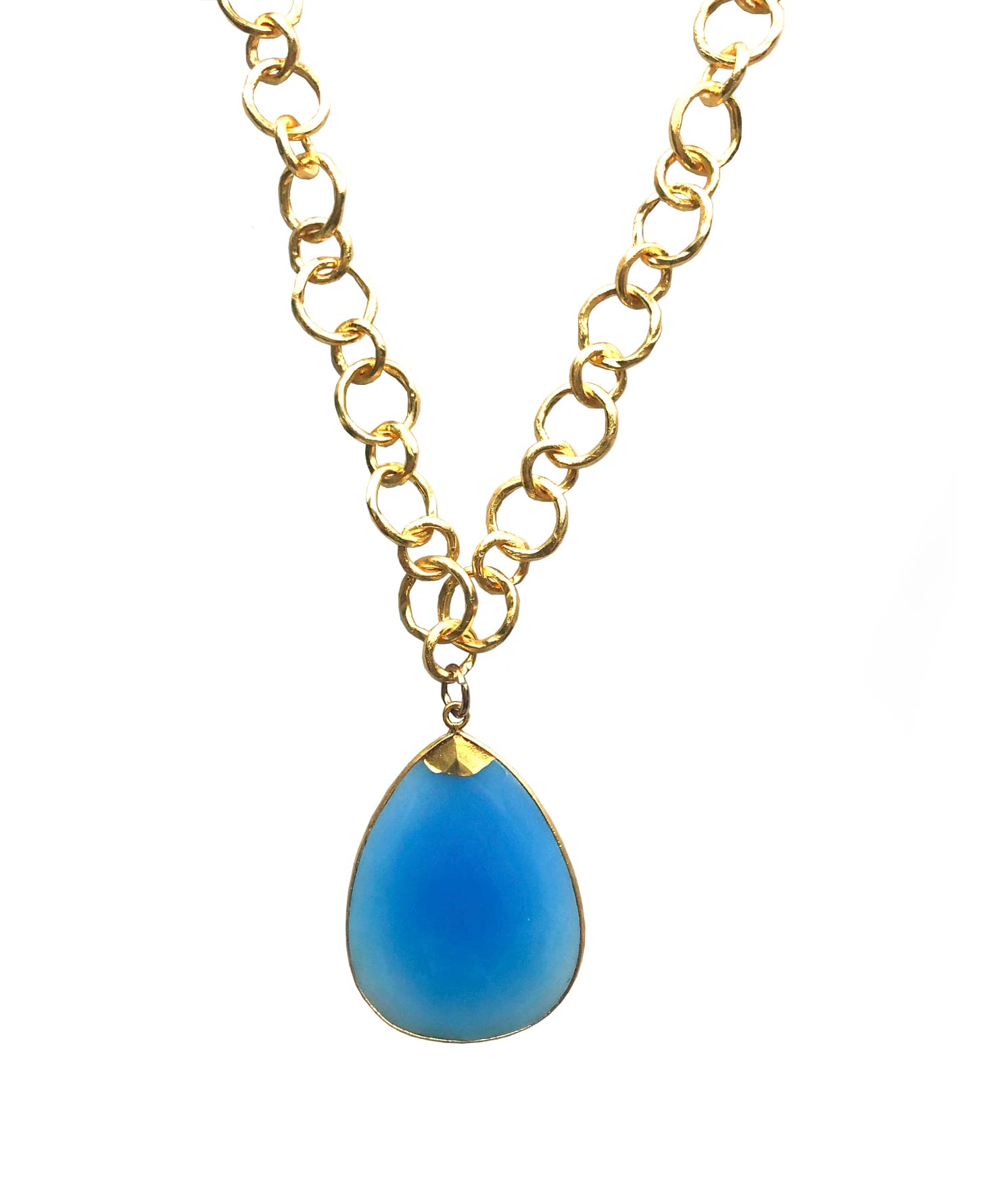 Blue Chalcedony Smooth and Milky Teardrop Pendant ADMK Necklace in gold chain, luxury handcrafted jewelry