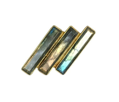 Labradorite Tasha Ring with an adjustable triple triangular stone ring accented with gold plated bezeled band