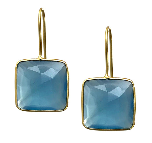 Blue Chalcedony and Gold Elegant Square Hook Drop Earrings